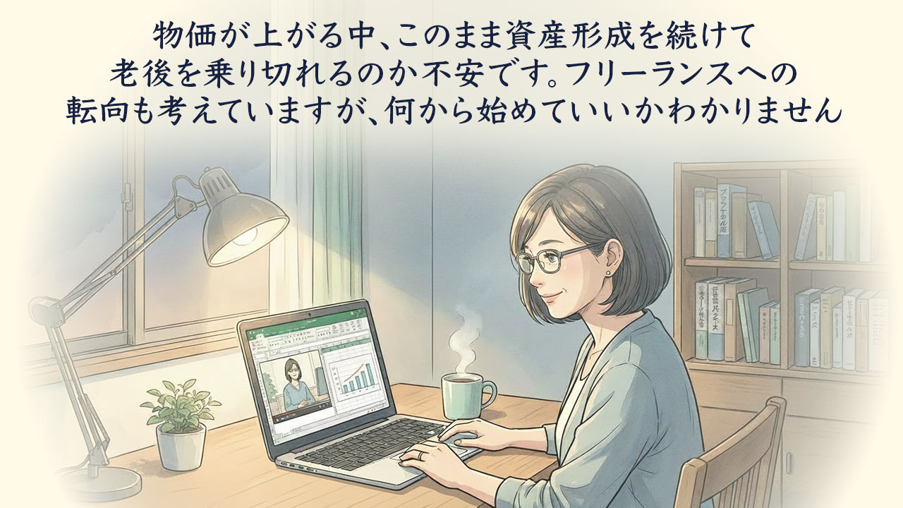 物価が上がる中、このまま資産形成を続けて老後を乗り切れるのか不安です。フリーランスへの転向も考えていますが、何から始めていいかわかりません