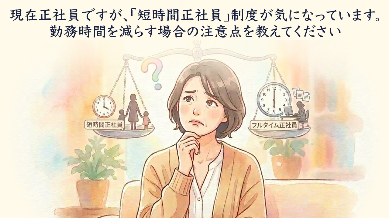現在正社員ですが、『短時間正社員』制度が気になっています。勤務時間を減らす場合の注意点を教えてください